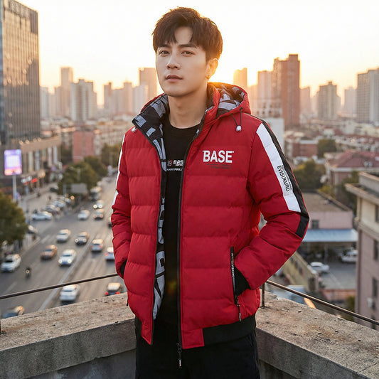 Person wearing a red puffer jacket with 'BASE' branding in an urban setting.