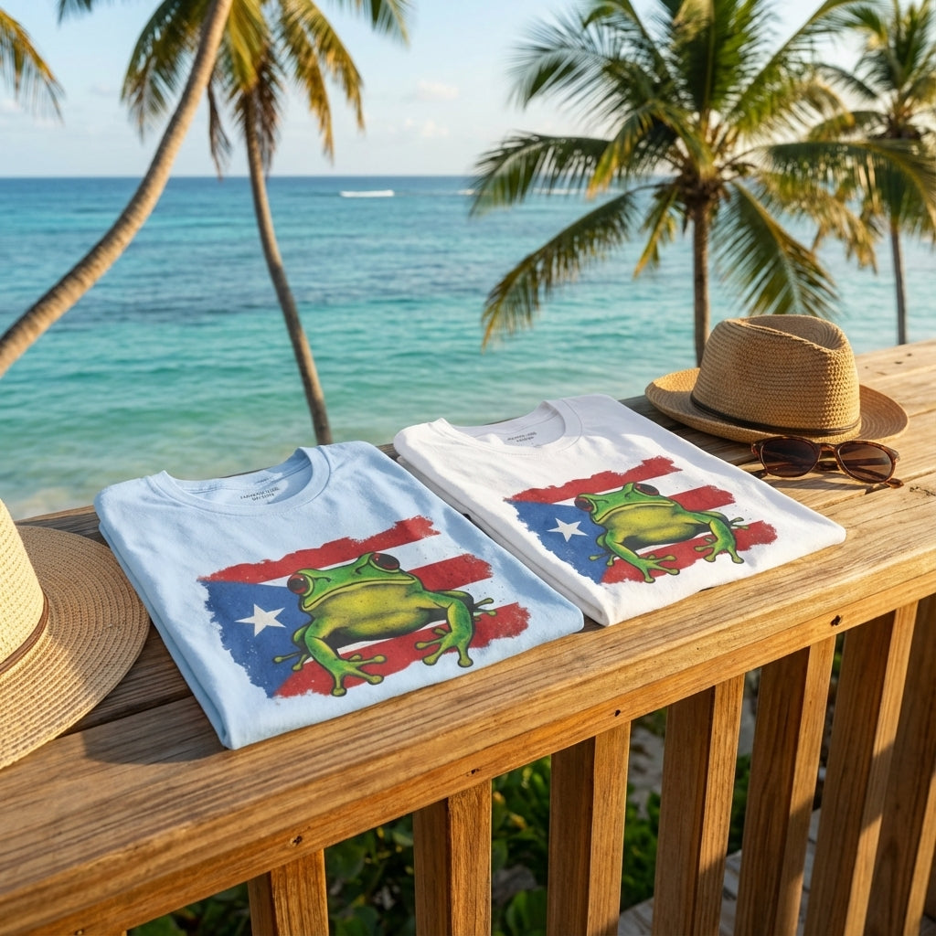Two t-shirts with a frog design on a wooden deck by the beach.