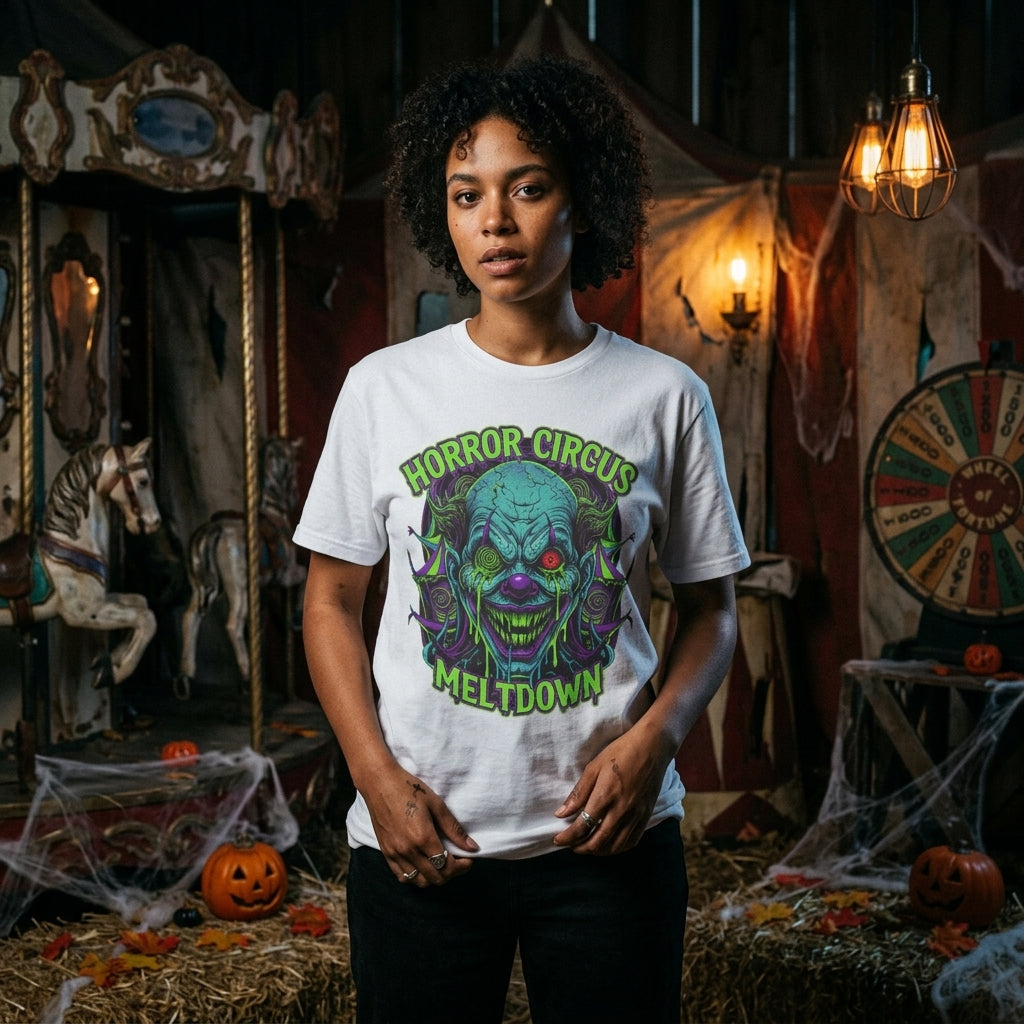Horror Circus T-Shirt | Neon Scary Clown Graphic Tee for Halloween
