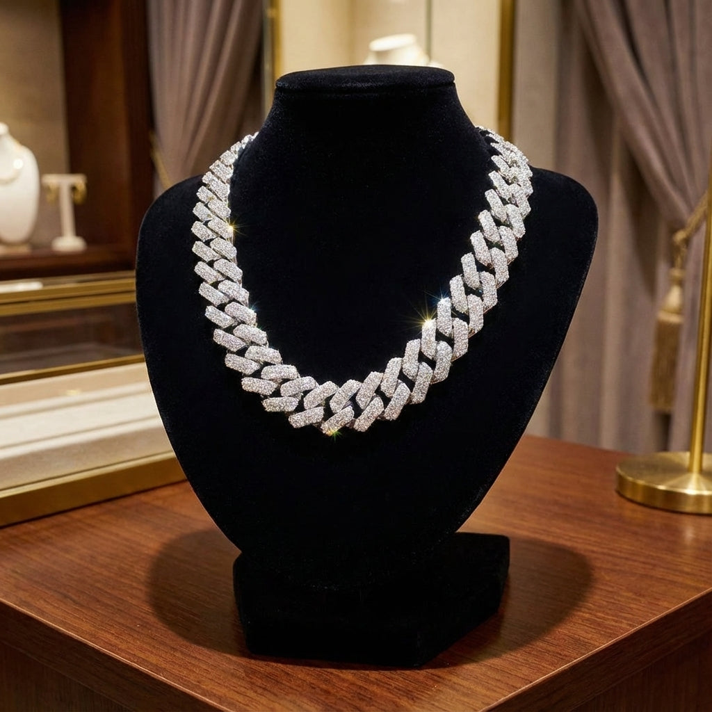 Diamond necklace on a black velvet stand with a blurred background