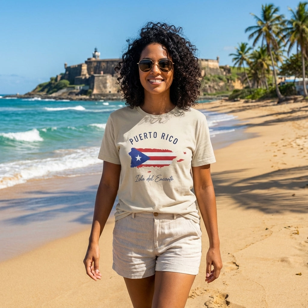 Woman wearing a 'Puerto Rico' t-shirt on a beach with palm trees and a castle in the background.
