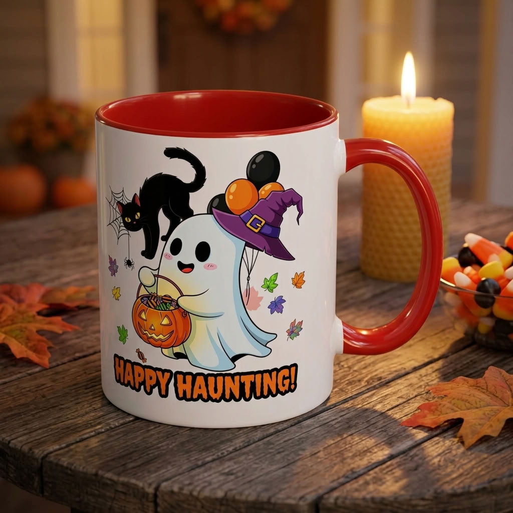 Happy Haunting! Halloween Ghost Coffee Mug | Ghost, Black Cat & Pumpkin Design | 11oz & 15oz