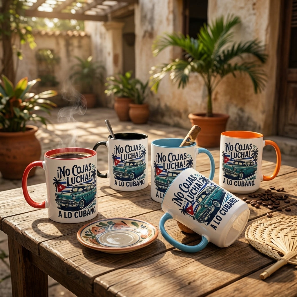 Set of mugs with 'No Cojas Lucha! A Lo Cubano' design on a wooden table outdoors.