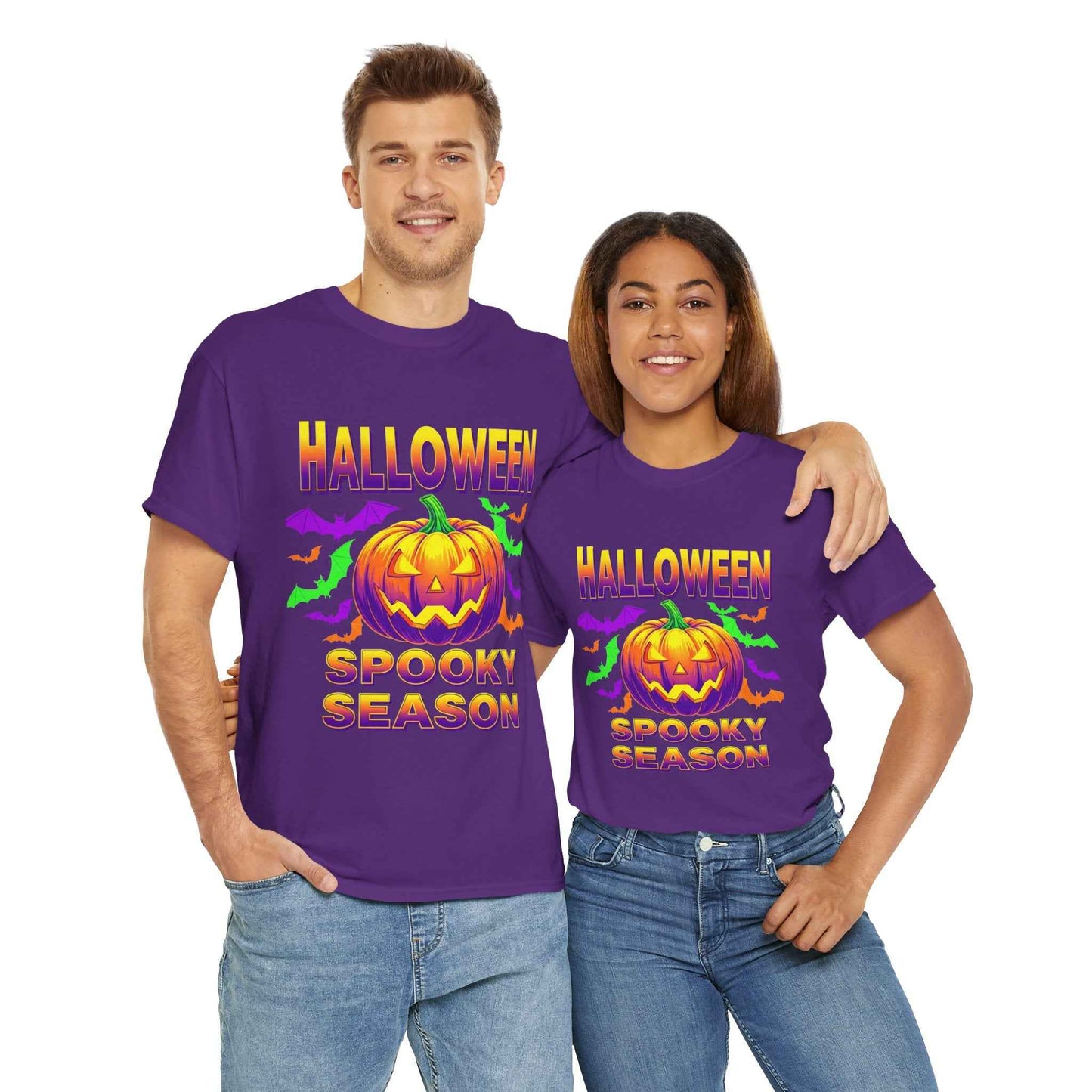 Retro Halloween T-Shirt - Neon Pumpkin & Bats 'Spooky Season' Tee - 80s/90s Style