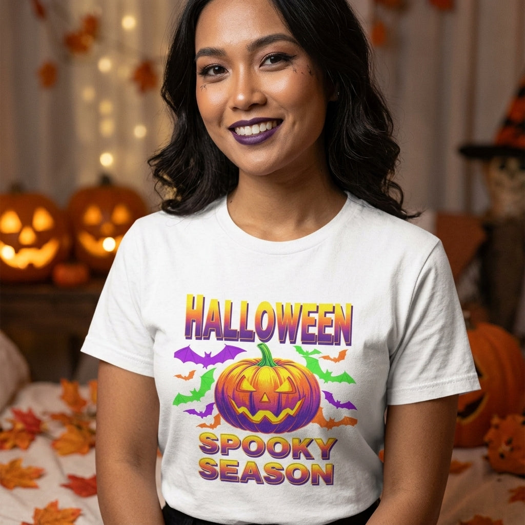 Retro Halloween T-Shirt | Neon Pumpkin & Bats 'Spooky Season' Tee | 80s/90s Style