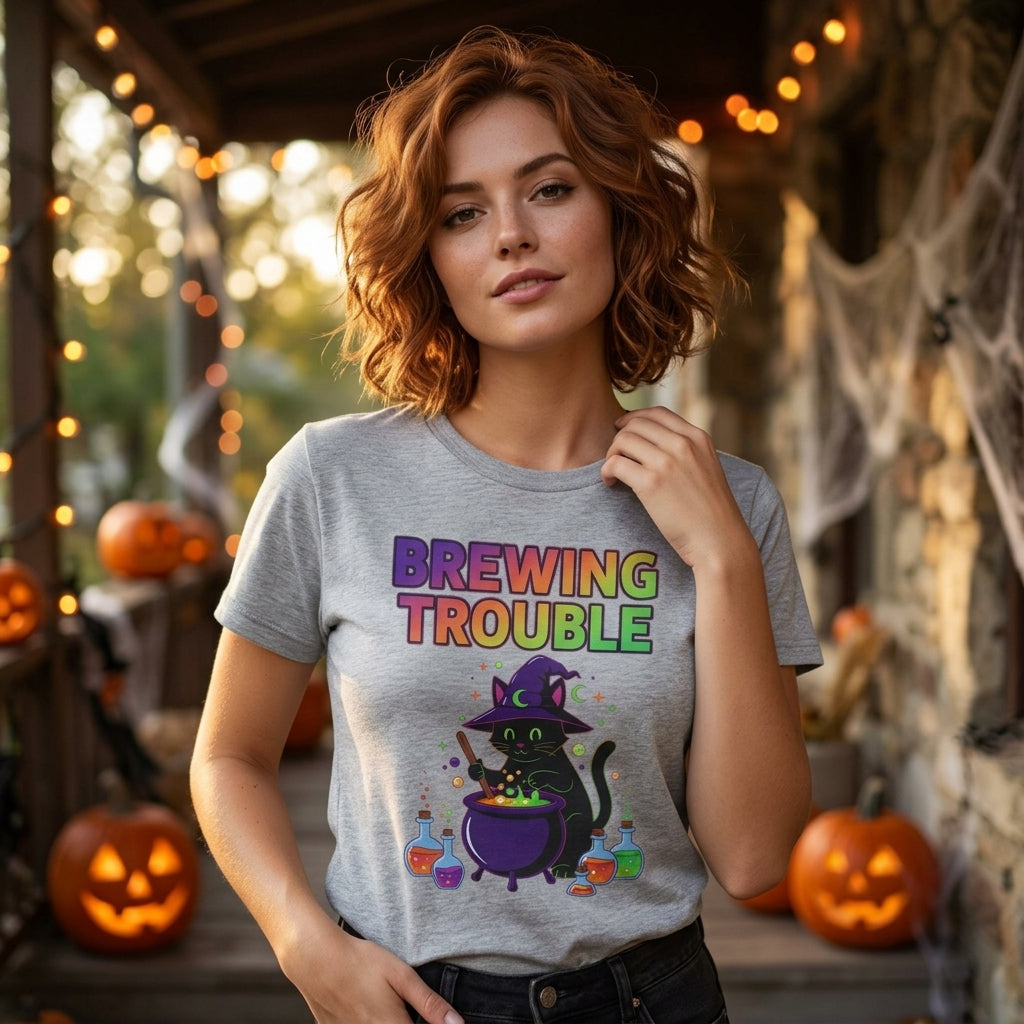 Brewing Trouble T-Shirt | Cute Witch Cauldron Halloween Graphic Tee