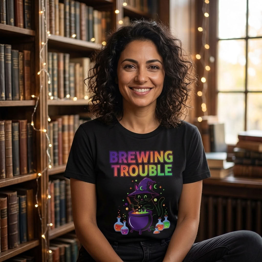 Brewing Trouble T-Shirt | Cute Witch Cauldron Halloween Graphic Tee