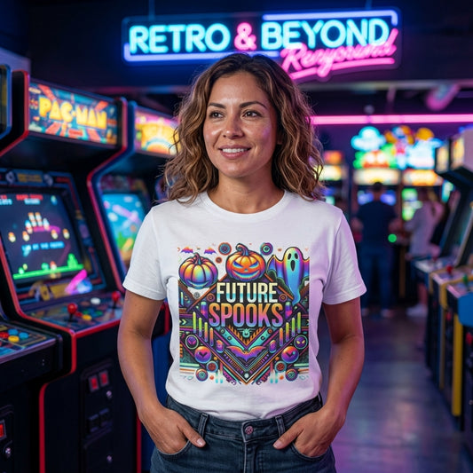 A woman stands in an arcade wearing a white graphic T-shirt with a colorful 'Future Spooks' Halloween design featuring pumpkins, ghosts, and neon patterns. She is framed by arcade machines and a glowing 'Retro & Beyond' sign in the background.