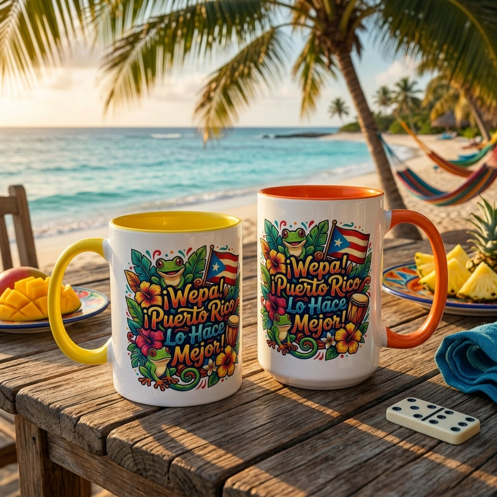 Wepa! Puerto Rico Lo Hace Mejor Accent Coffee Mug | Puerto Rican Flag, Coquí, Floral Design