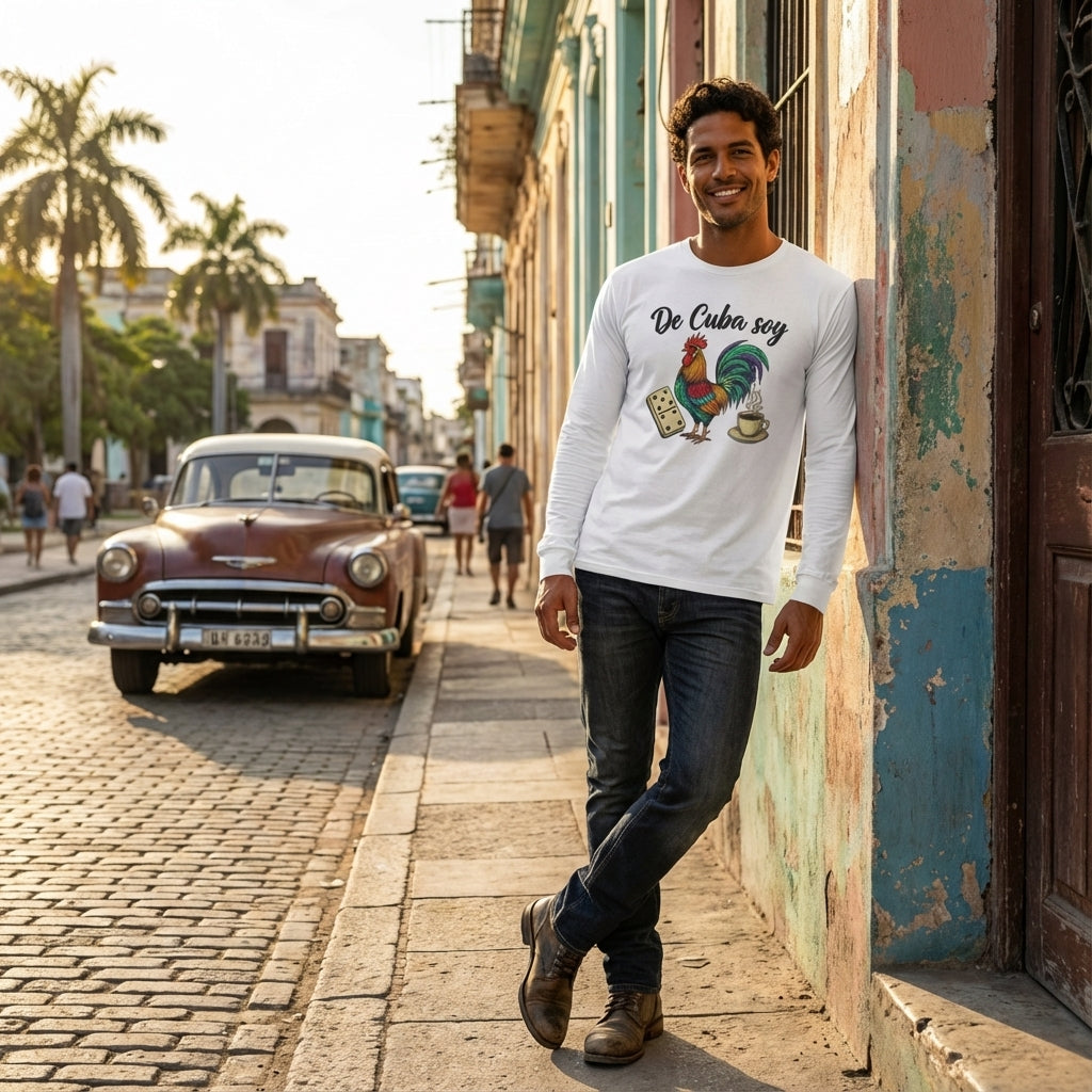 Man wearing a white long-sleeve shirt with a graphic design walking down a street in a tropical location.
