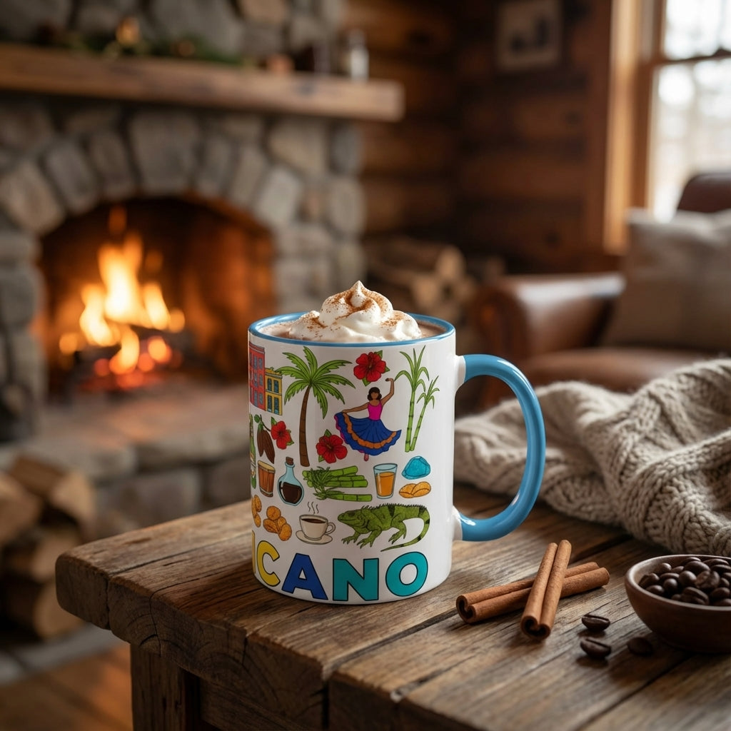 Colorful mug with illustrations on a wooden table in front of a fireplace