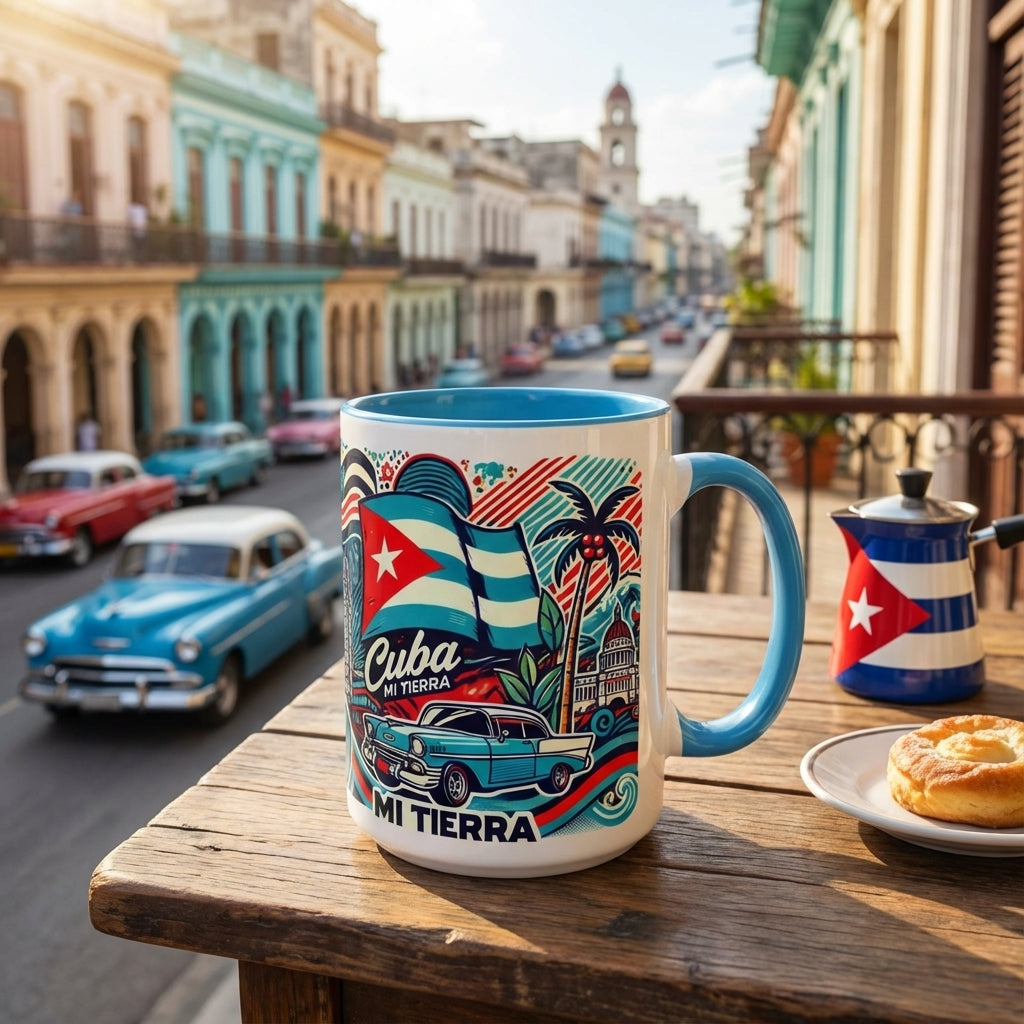 Cuba-themed mug on a table with a street scene in the background