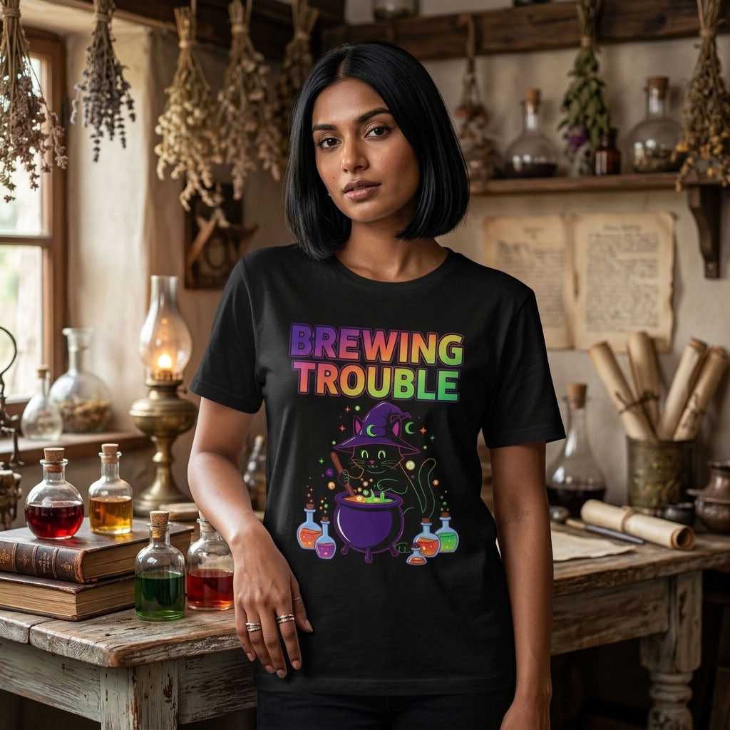 Brewing Trouble T-Shirt | Cute Witch Cauldron Halloween Graphic Tee