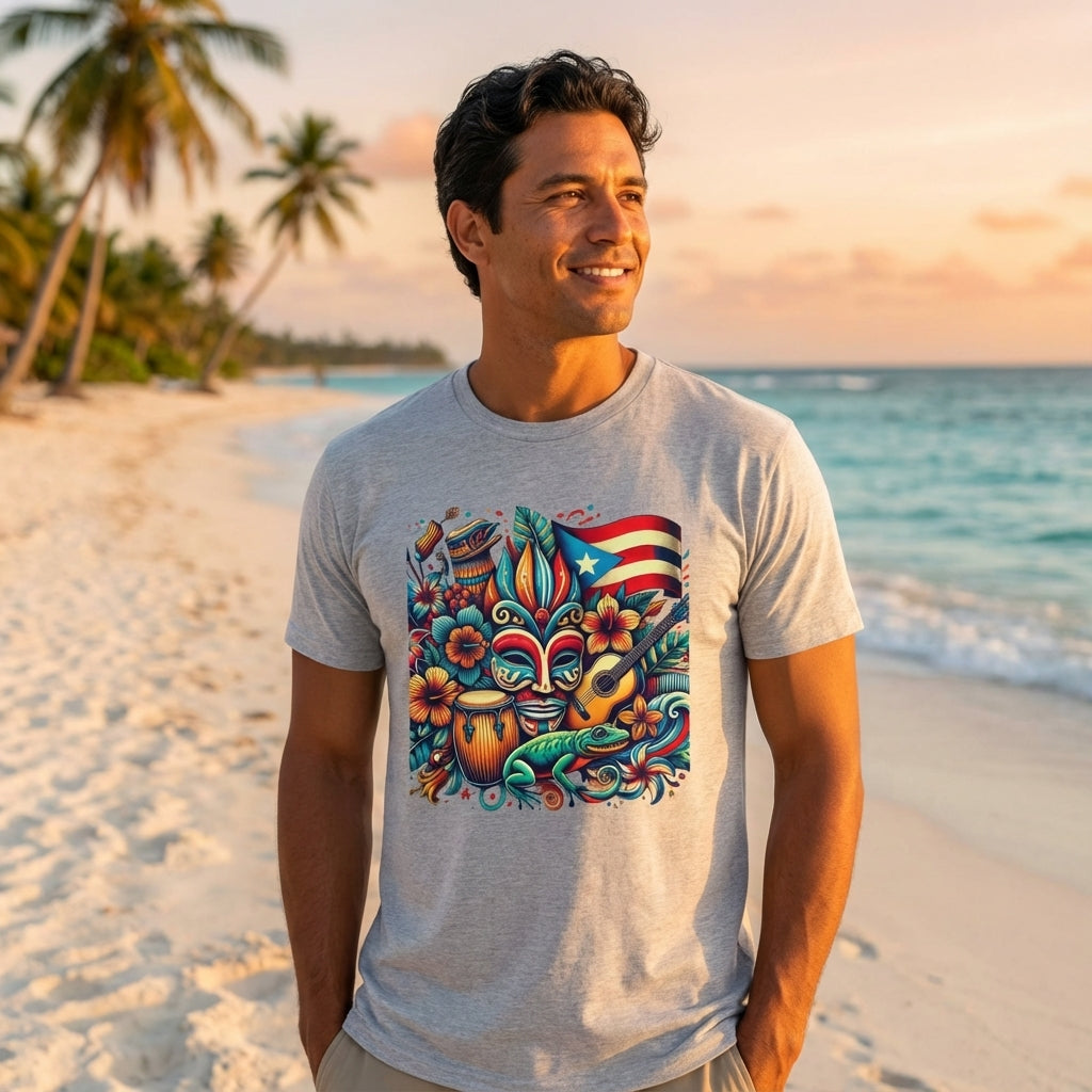 Man wearing a t-shirt with a colorful design on a beach at sunset