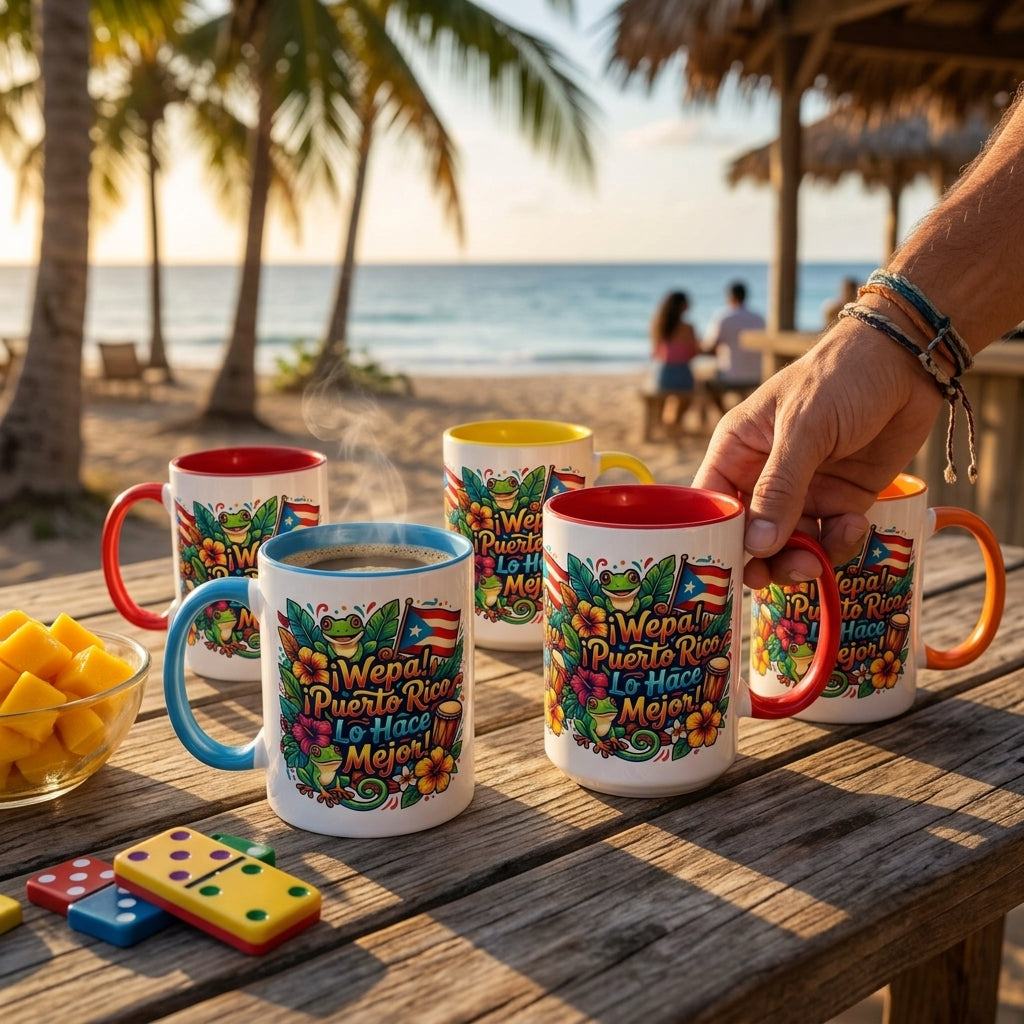 Wepa! Puerto Rico Lo Hace Mejor Accent Coffee Mug | Puerto Rican Flag, Coquí, Floral Design