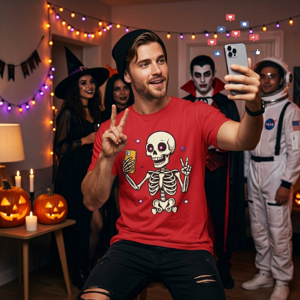 Skeleton Selfie T-Shirt | Funny Spooky Skull Halloween Graphic Tee