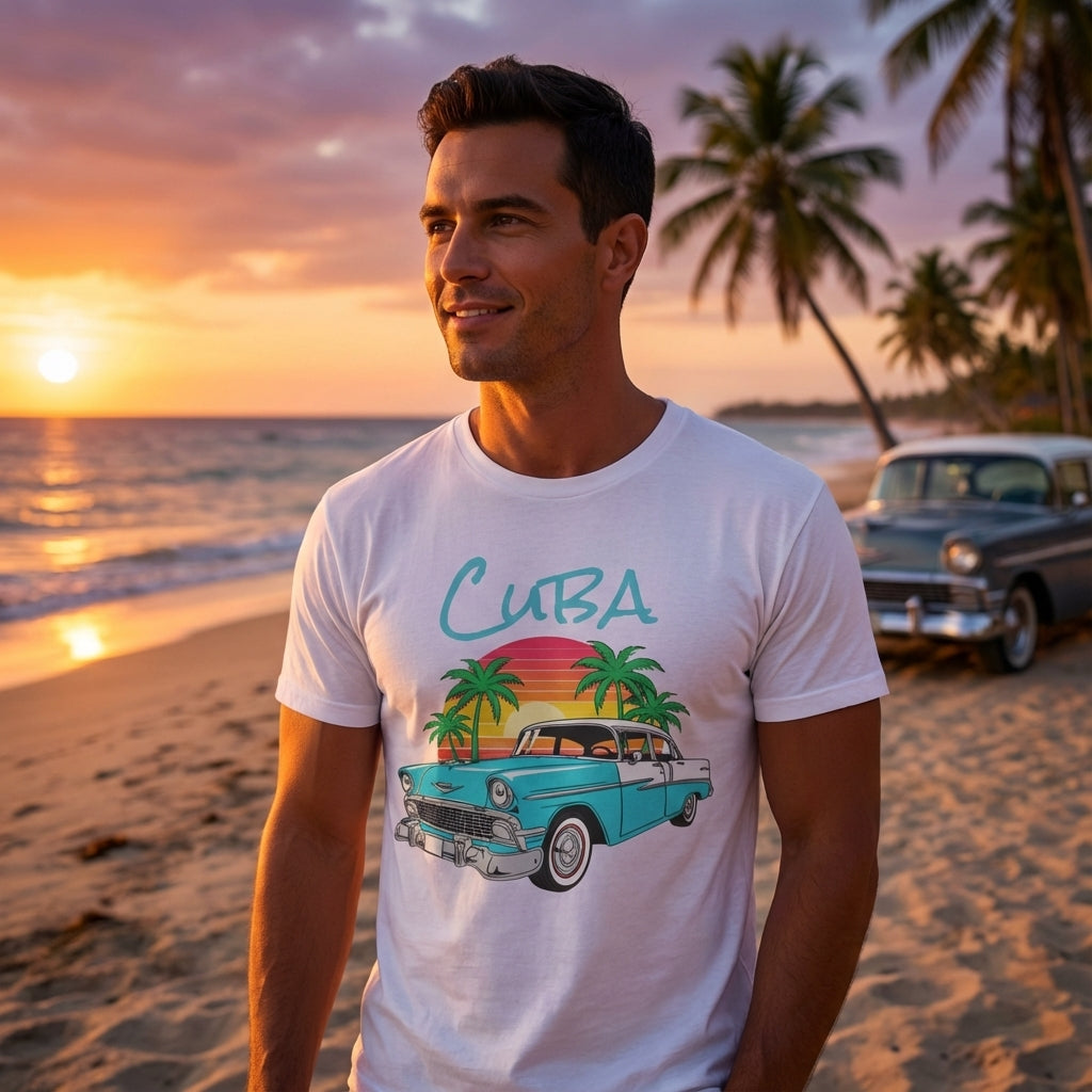 Man wearing a 'Cuba' t-shirt with a vintage car and palm tree design on a beach at sunset.
