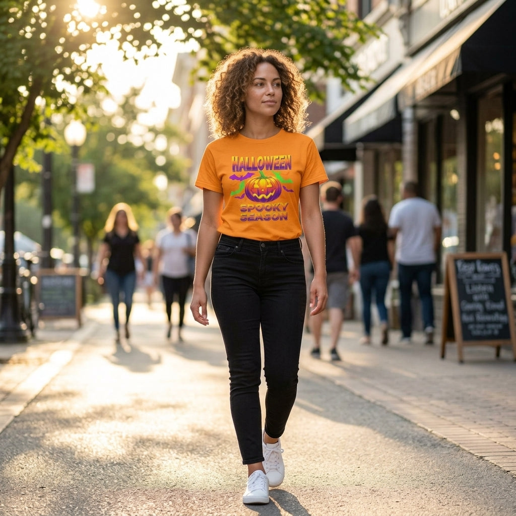 Retro Halloween T-Shirt | Neon Pumpkin & Bats 'Spooky Season' Tee | 80s/90s Style