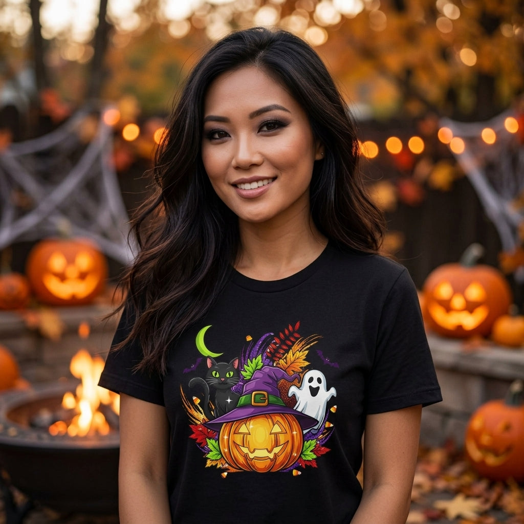 Halloween Graphic T-Shirt | Witch Hat Pumpkin Black Cat Ghost Spooky Tee