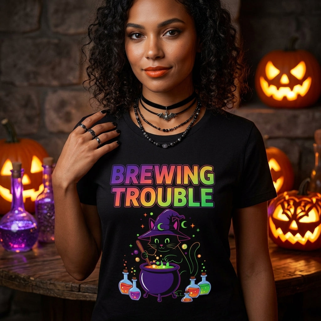 A woman wearing a black graphic t-shirt with a colorful 'BREWING TROUBLE' Halloween design featuring a witch cat and cauldron, posed in a spooky room with glowing jack-o'-lanterns and potion bottles.