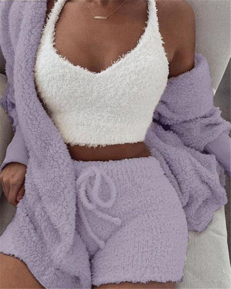 3-Piece Velvet Pajama Set for Women - Crop Top, Long Sleeve & Shorts Loungewear