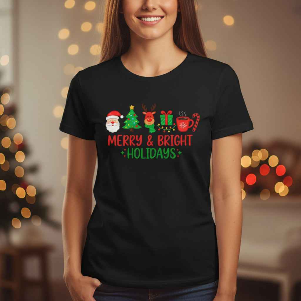 Merry & Bright Christmas T-Shirt – Festive Holiday Icons Tee
