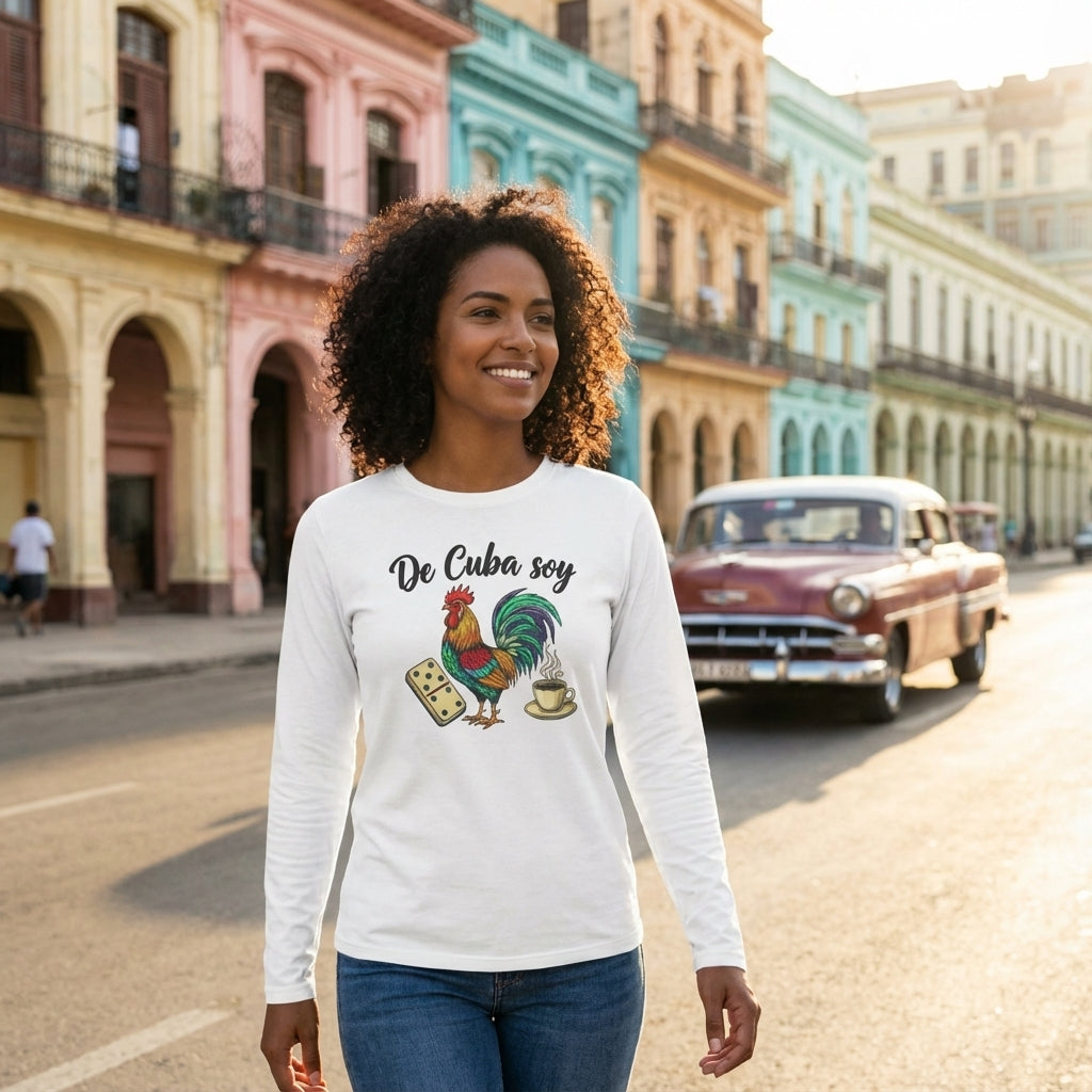 Woman wearing a white sweatshirt with a graphic design in a colorful street setting
