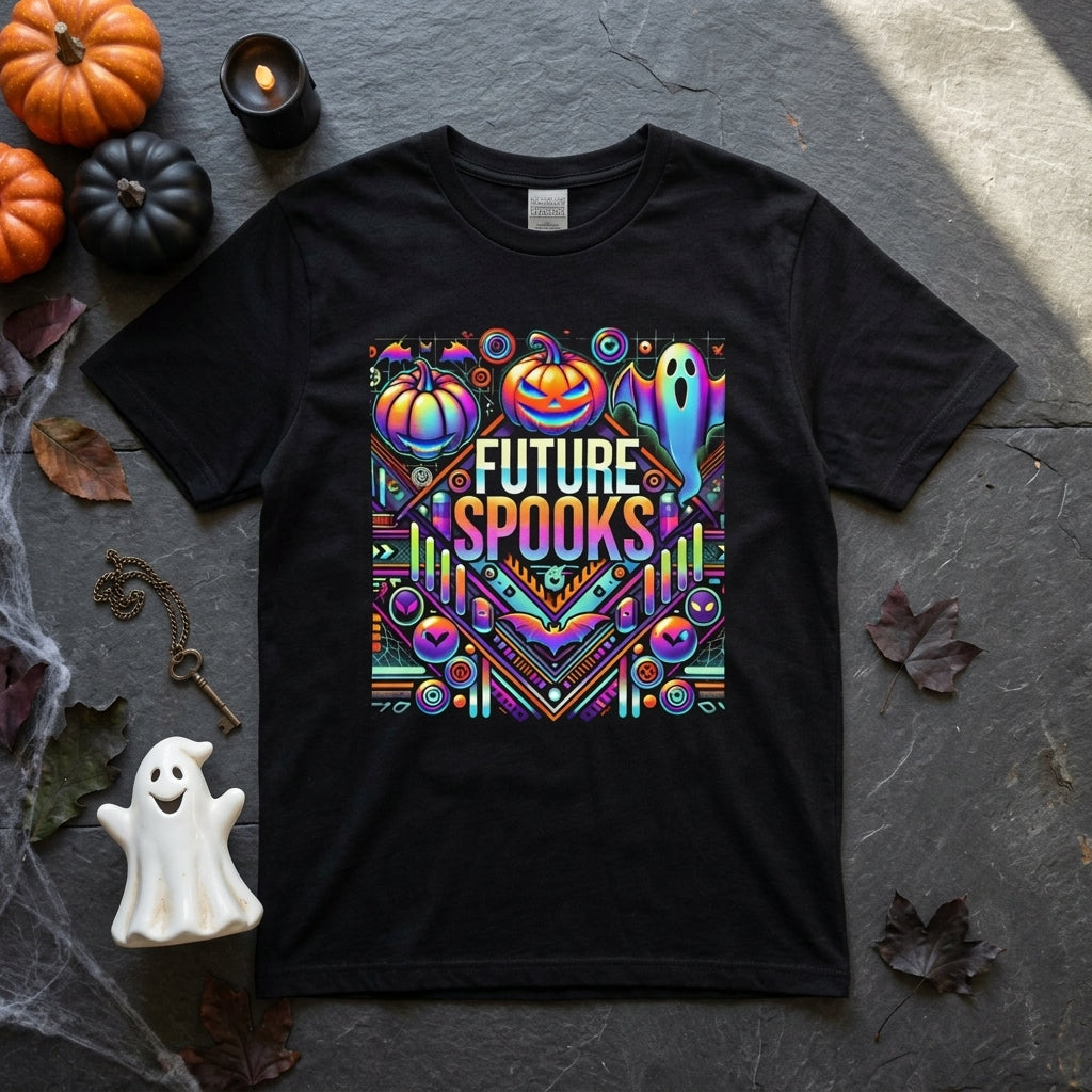 A black short-sleeve graphic T-shirt laid flat on a dark stone surface with Halloween props around it, including pumpkins, a candle, a key, cobweb, and a small white ghost figurine. The shirt features a colorful retro-style chest print reading “FUTURE SPOOKS” with pumpkins, a ghost, eyes, and geometric patterns.