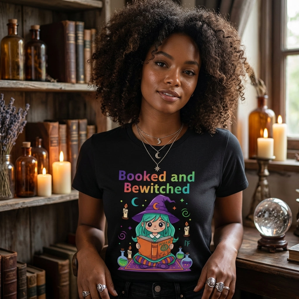 Booked and Bewitched T-Shirt | Witch Book Lover Halloween Graphic Tee