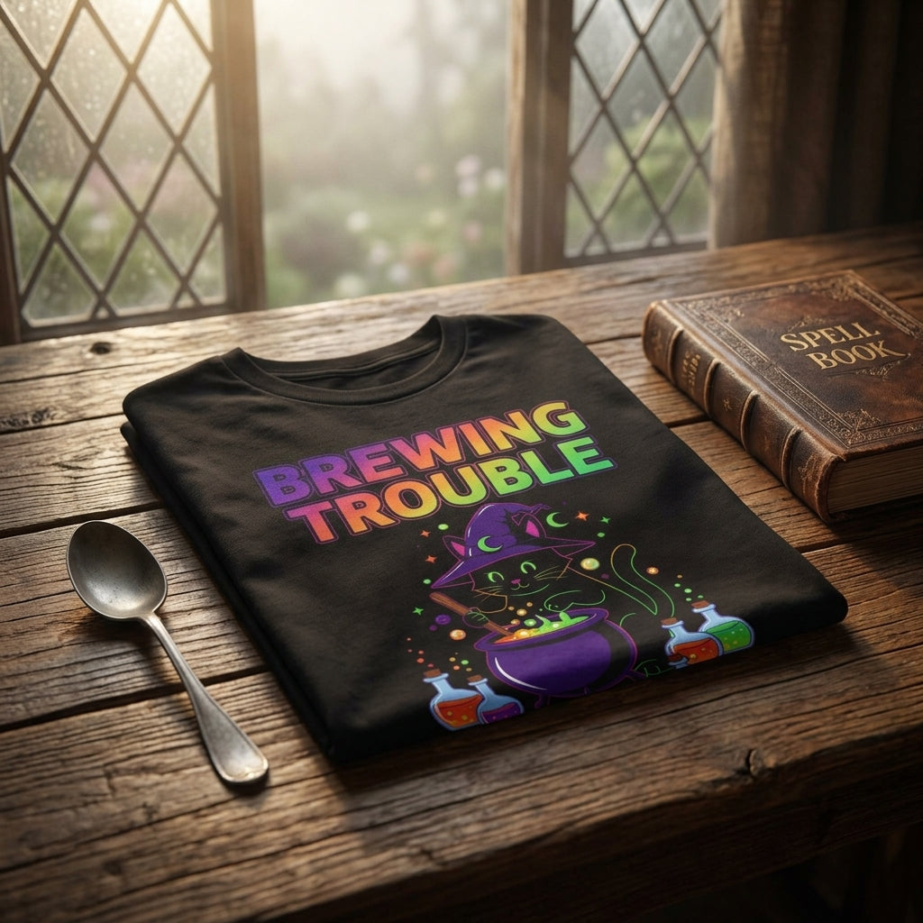 Brewing Trouble T-Shirt | Cute Witch Cauldron Halloween Graphic Tee