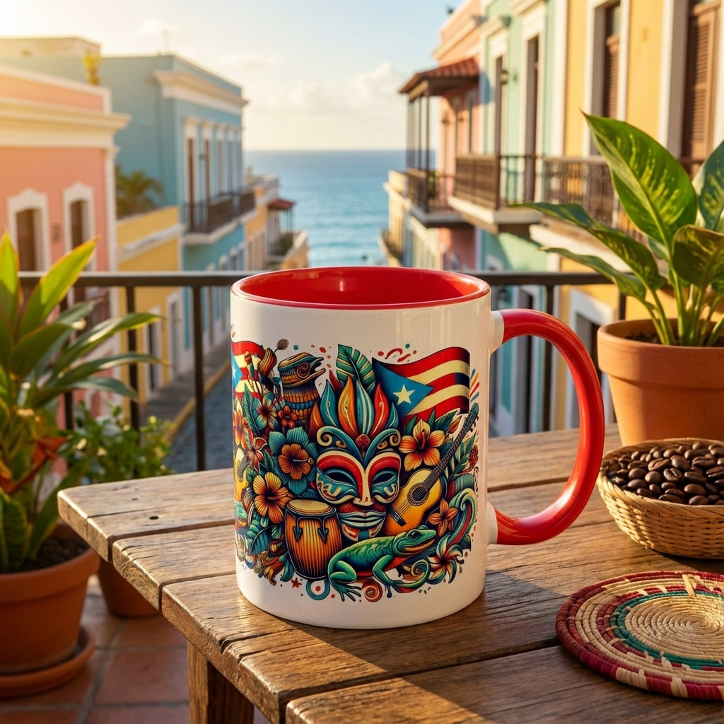 Colorful mug with a design on a wooden table with a scenic background