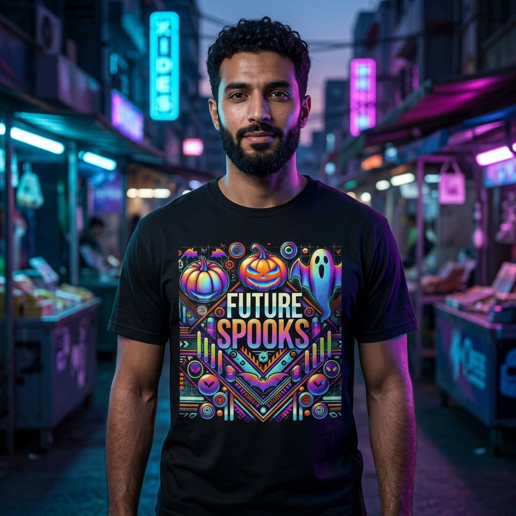 A man wearing a black t-shirt with a colorful 'FUTURE SPOOKS' graphic print, standing in a neon-lit night market street.