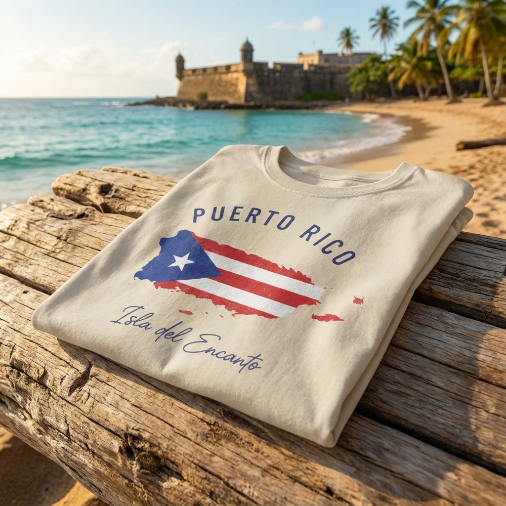 Folded shirt with Puerto Rico design on a wooden log by the beach