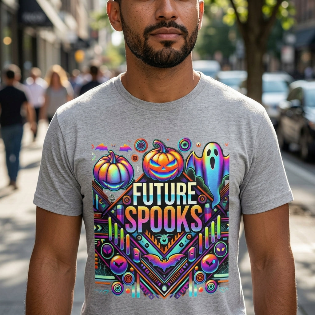 A man wearing a heather gray t-shirt with a vibrant, colorful graphic that reads 'FUTURE SPOOKS' surrounded by pumpkins, a ghost, and geometric patterns, set against a blurred street background.