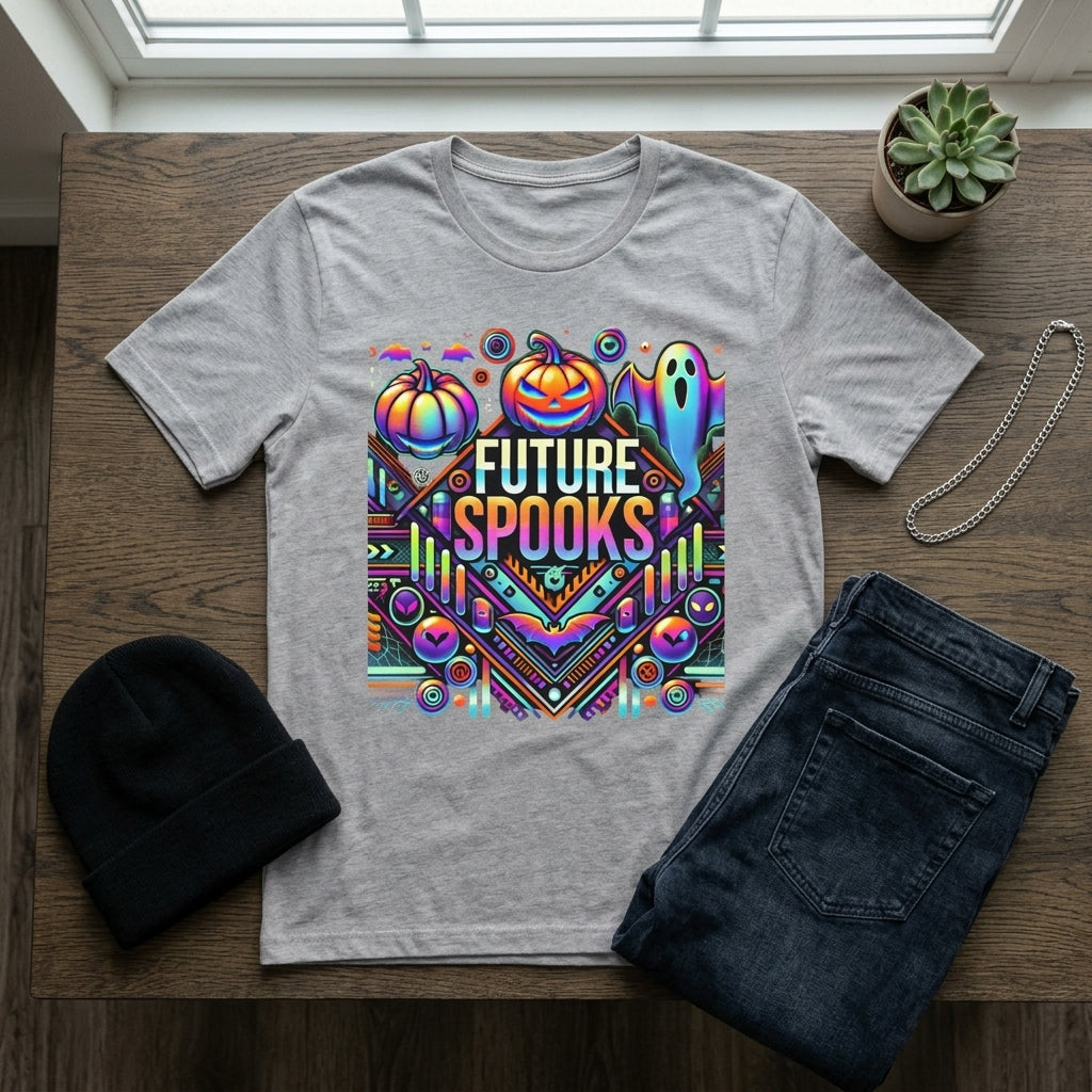 A heather gray graphic T-shirt laid flat on a wooden table, surrounded by a black beanie, folded dark jeans, a silver chain, and a small potted succulent. The shirt features a colorful Halloween-themed graphic with pumpkins, a ghost, candy canes, and the words “FUTURE SPOOKS.