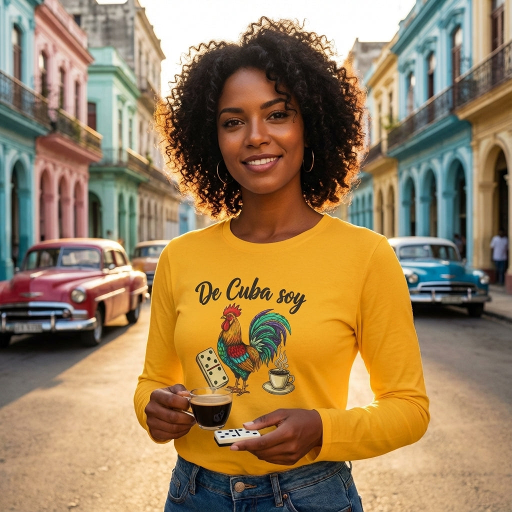Woman in a yellow shirt with a rooster design in a colorful street setting