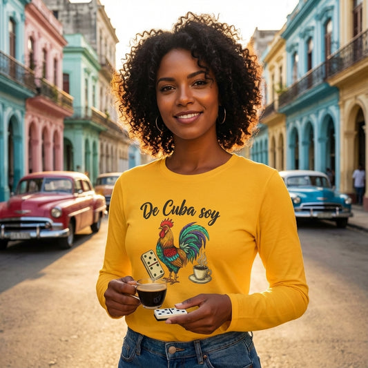 Woman in a yellow shirt with a rooster design in a colorful street setting