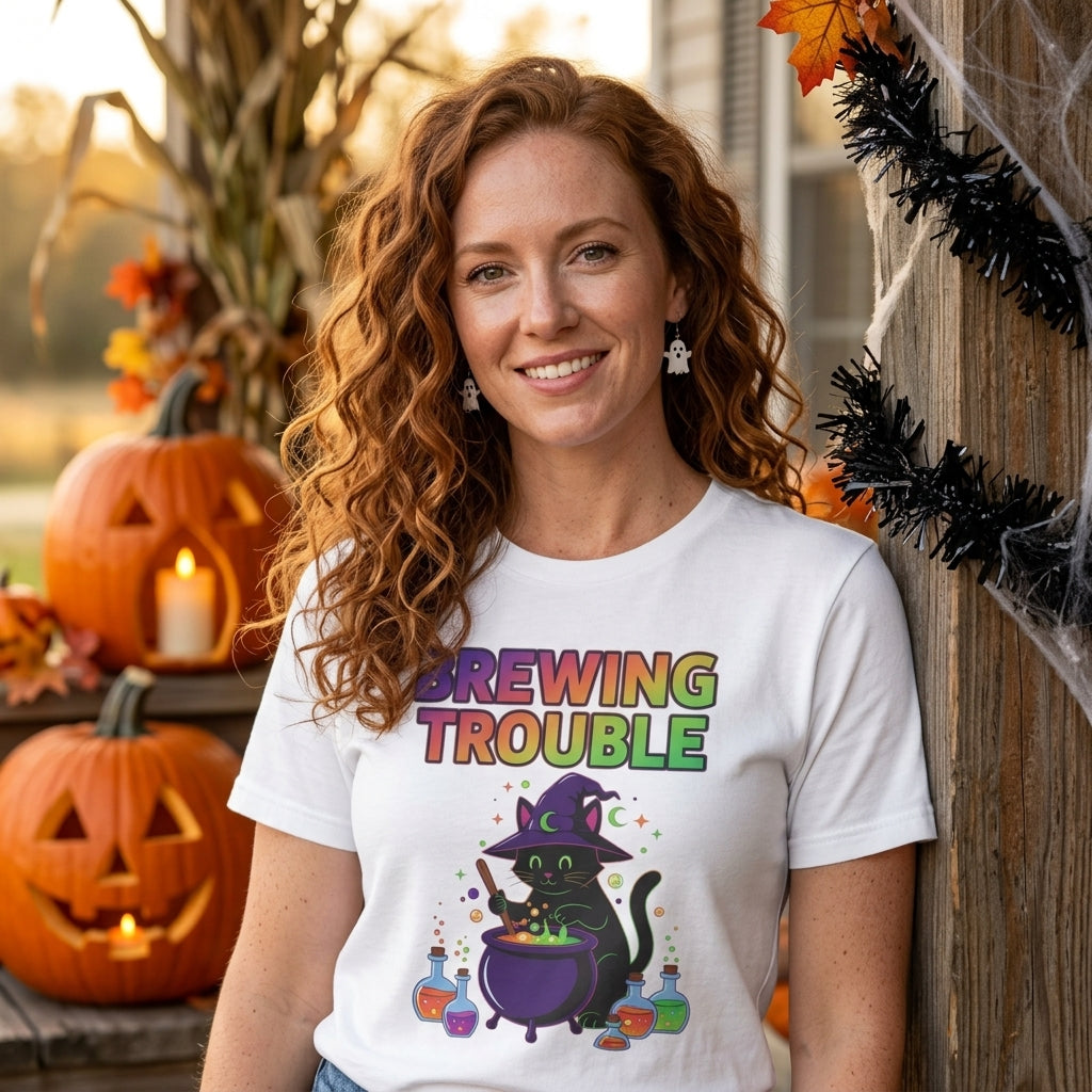 A smiling woman with curly red hair stands outdoors wearing a white graphic T-shirt that reads 'BREWING TROUBLE' above a black cat in a purple cauldron. The background shows Halloween decorations including pumpkins, autumn leaves, cobwebs, and black tinsel.