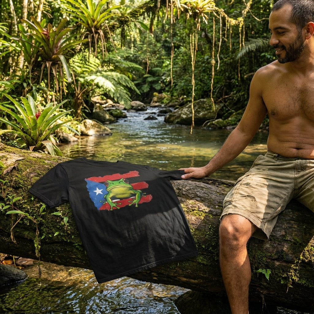 Man sitting by a stream in a forest with a black t-shirt featuring a colorful graphic.