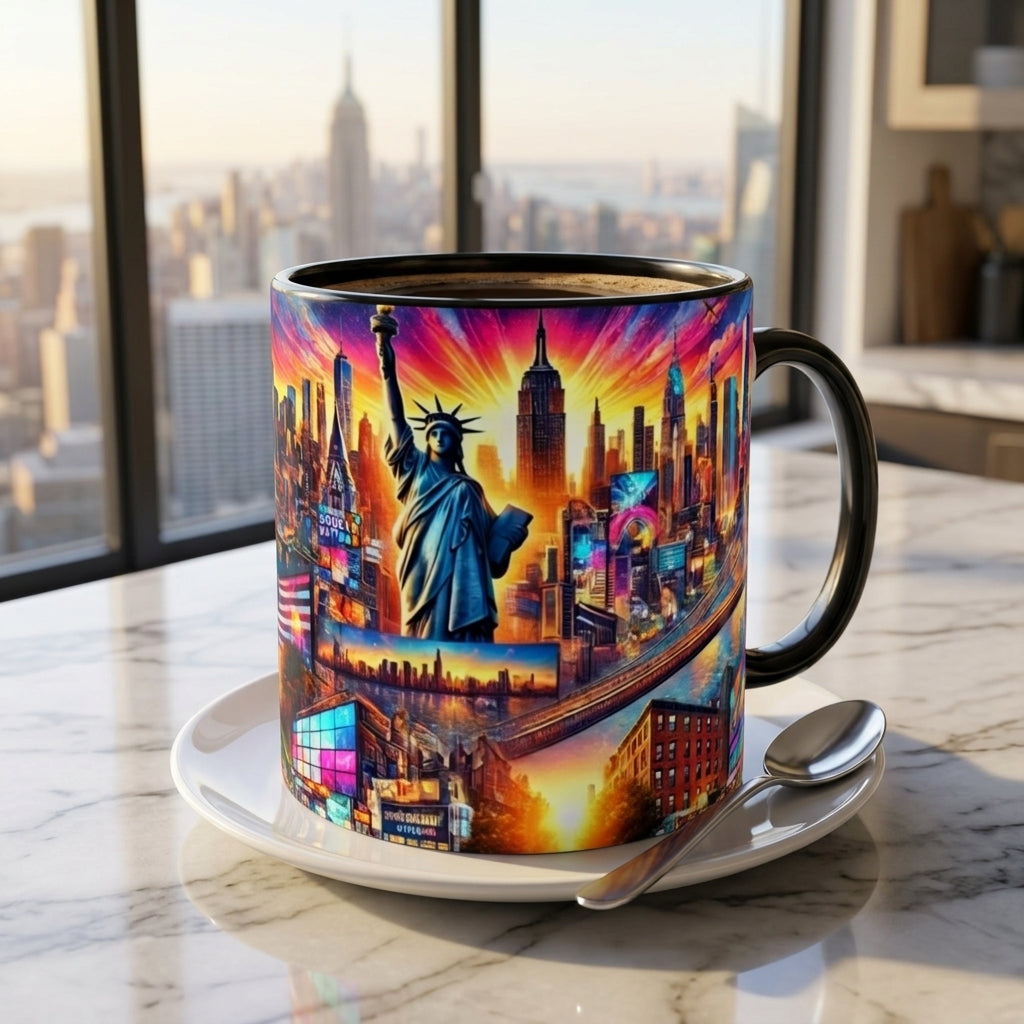 A ceramic mug with a black handle and rim sits on a white saucer with a spoon, set on a marble countertop in front of a window with a city skyline view. The mug features a colorful, vibrant graphic print of the Statue of Liberty and New York City skyline.