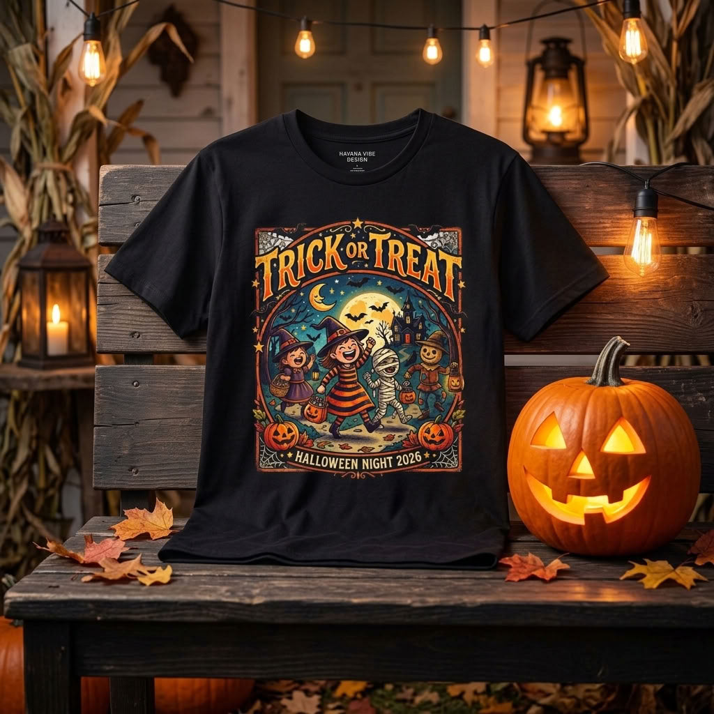 Trick or Treat Halloween T-Shirt, Vintage Moonlit Pumpkin Design