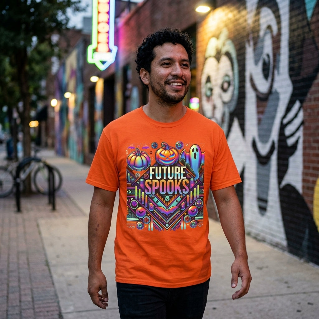 A man wearing a bright orange graphic t-shirt with 'FUTURE SPOOKS' and a colorful Halloween design, standing on a city sidewalk in front of a brick wall with graffiti.