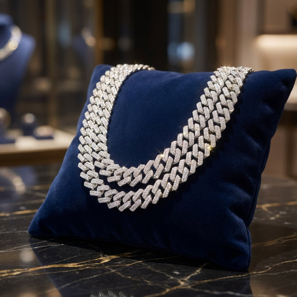 Blue pillow with a silver chain design on a marble surface