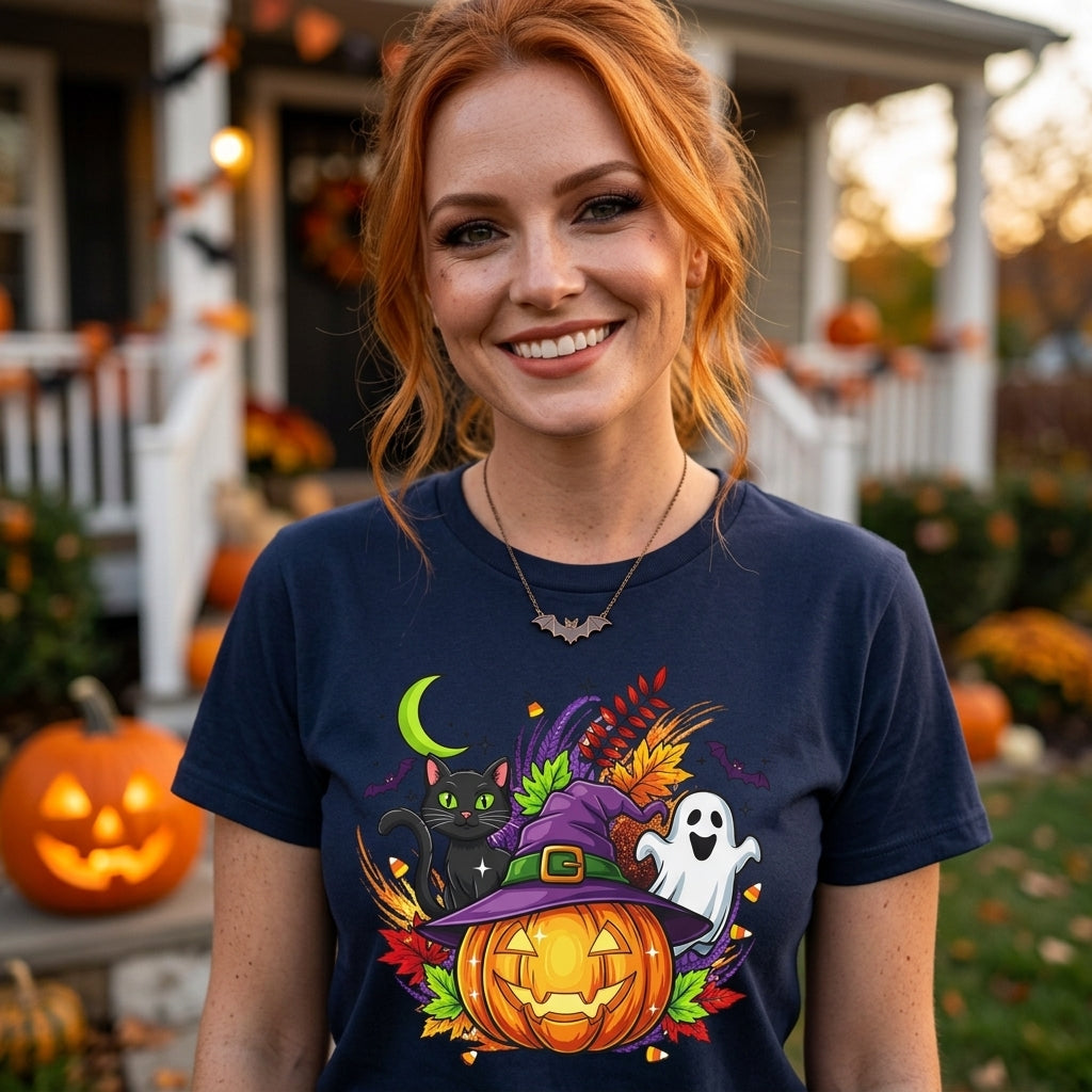 Halloween Graphic T-Shirt | Witch Hat Pumpkin Black Cat Ghost Spooky Tee