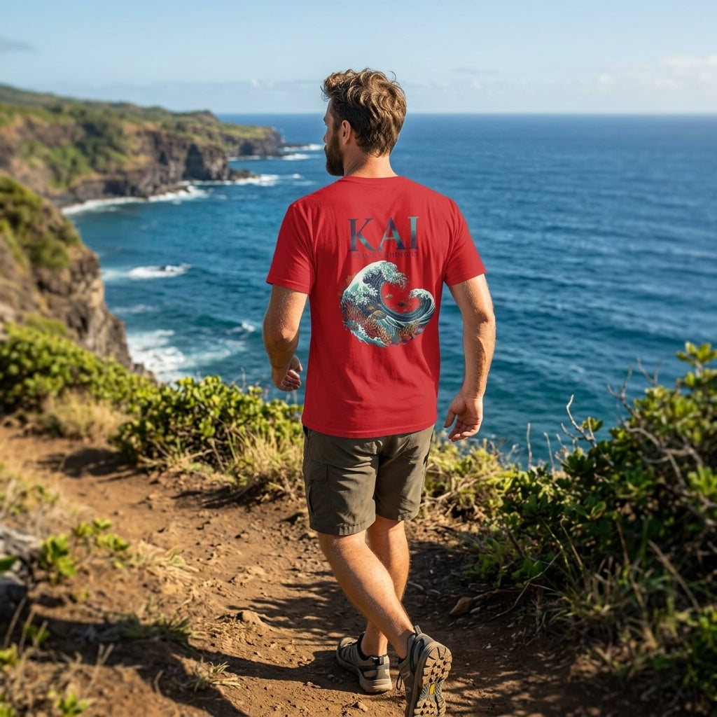 A man wearing a red graphic t-shirt and olive green shorts walks along a dirt path overlooking a scenic ocean coastline. The back of the red t-shirt features the word 'KAI' in dark blue letters above a detailed graphic of a wave and a shell.
