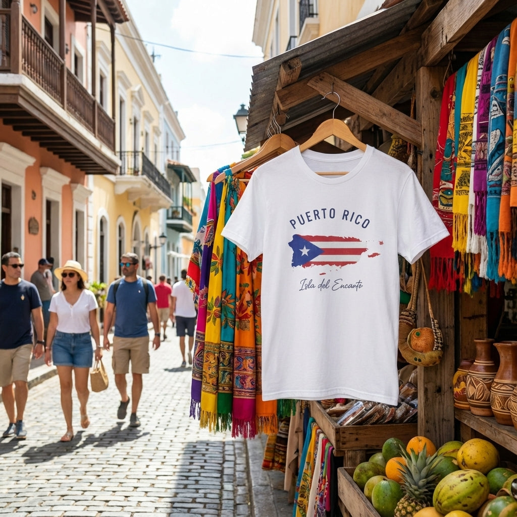 White t-shirt with Puerto Rico design on a hanger in a colorful street market.