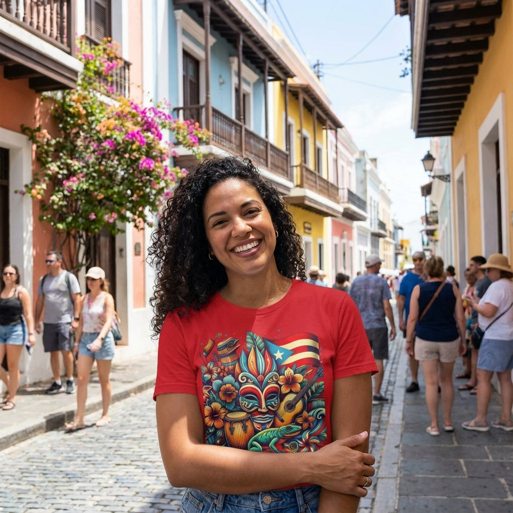 Woman in a red t-shirt with a colorful design standing on a street in a vibrant, sunlit urban area.