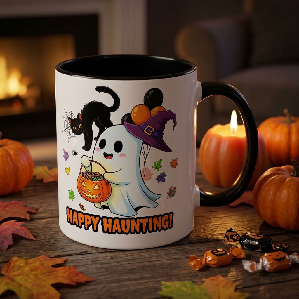 Happy Haunting! Halloween Ghost Coffee Mug | Ghost, Black Cat & Pumpkin Design | 11oz & 15oz