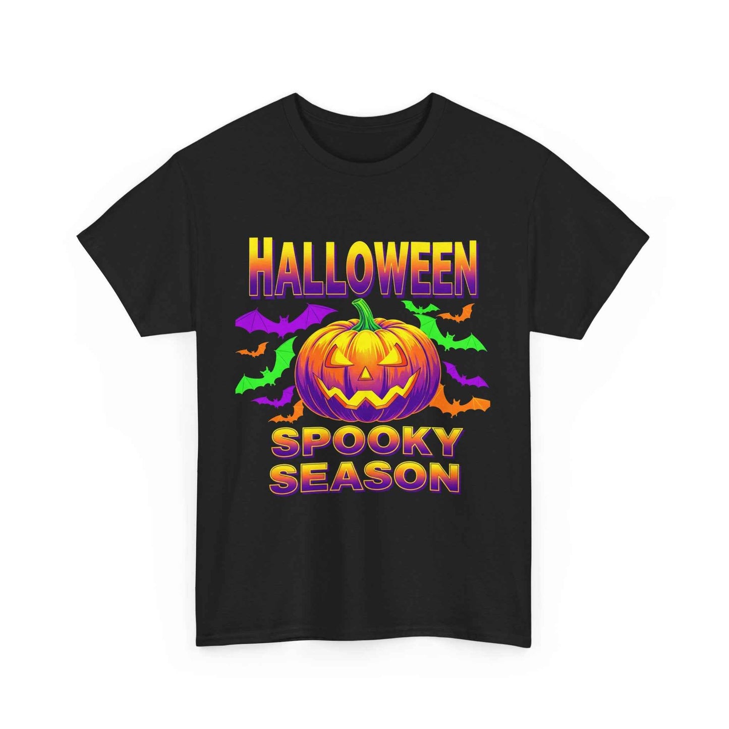 Retro Halloween T-Shirt - Neon Pumpkin & Bats 'Spooky Season' Tee - 80s/90s Style