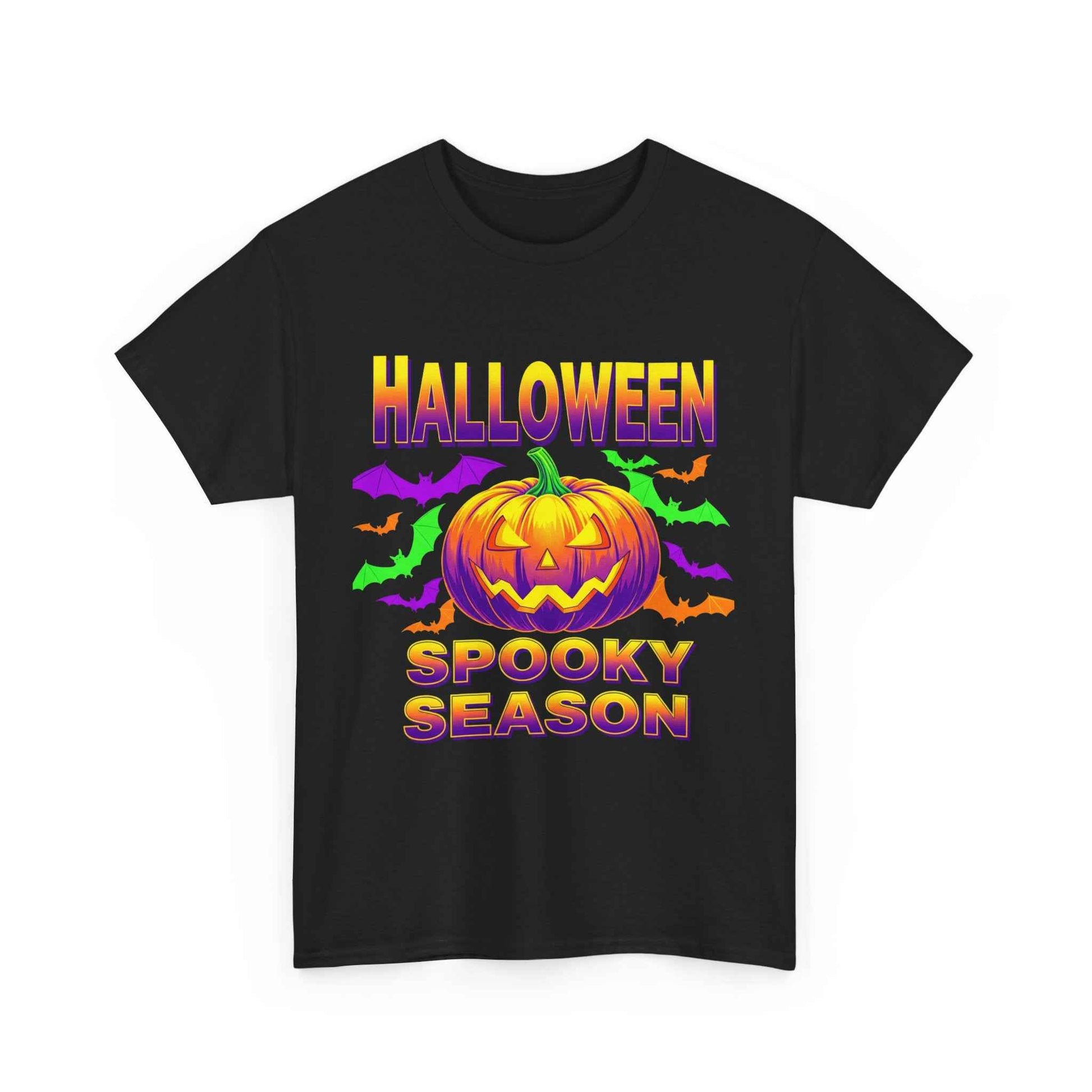Retro Halloween T-Shirt - Neon Pumpkin & Bats 'Spooky Season' Tee - 80s/90s Style